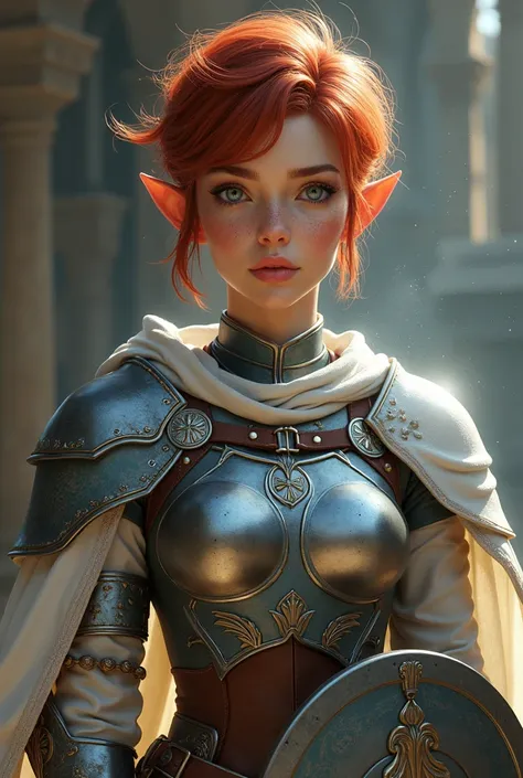 Half-elf female with jaw dropping beauty, short red hair and pale blue eyes. Light freckels. Wears a full plate armor with a white cape. She has a round metal shield with a unicorn symbol on the middle. The other hand has a longsword with a white aura arou...