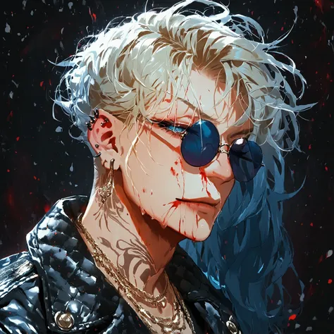 Alone, 1 male,   blonde hair mash hair  , ponytails bleeding from the vagina,Man Bun,Swinging Hair, blue eyes ,round sunglasses  , Leather Jacket , perfect eye details ,, perfect eye details ,Ear Piercing,tattoo, Yankee,,    gold necklace   ,    black suit...