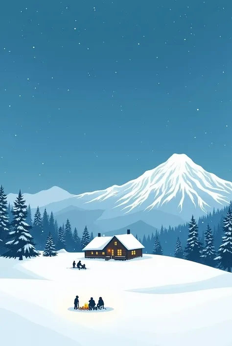 Illustration, minimalisme, paysage panoramique, serenite hivernale , Un paysage montagneux isolé, avec un chalet en bois niché au milieu de la neige, entouré de sapins enneigés. La neige est épaisse, créant un décor paisible et calme. Le ciel est d’un bleu...