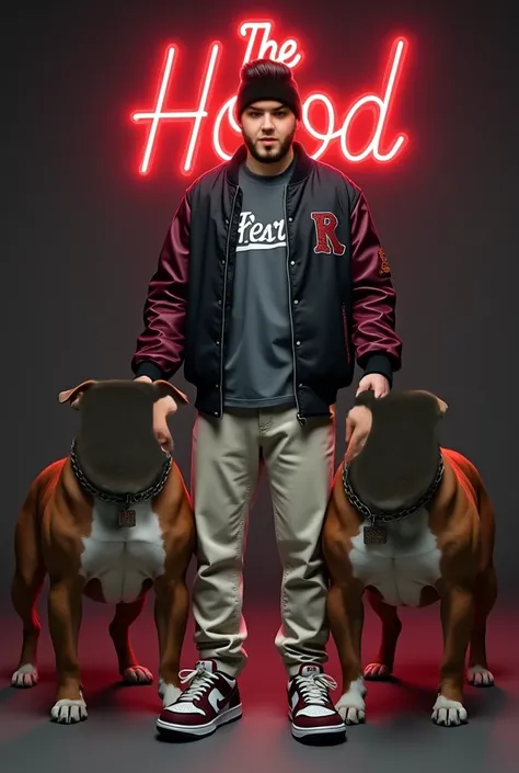  30-year-old boy ,  shaved hair sides at 2 and toupé ,  black bomber jacket with burgundy sleeves,  gray t-shirt the word Raval , off-white pants , Nike Dunk Low sneakers burgundy and black,  left side an American bully burgundy red eyes and muscular, righ...