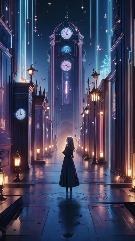 Create an illustration of a fantastical space filled with countless intricately crafted clocks.. Each watch exudes nostalgia and wonder, The overall look creates a fascinating and nostalgic atmosphere.. These clocks are floating in a space-like void.,  Cre...