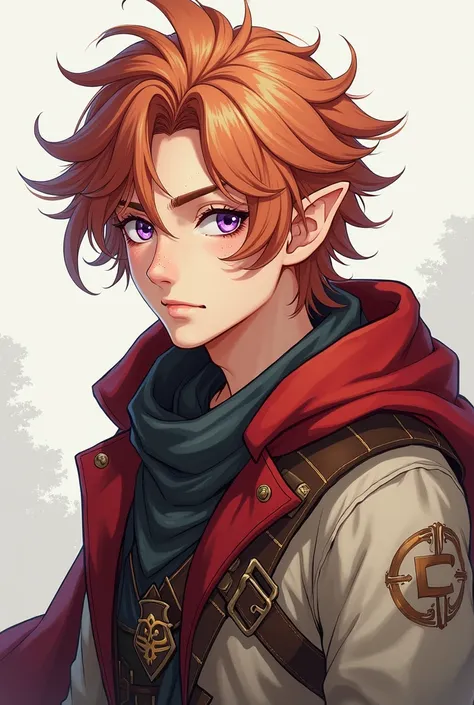 beautiful drawing, adventurers gear, androgynous half elf with rounded pointed ears, lavender eyes smart, light hair below the shoulders combed back, fighter aesthetic, dark red hair, anime style, portrait, facing the camera, freckles, fluffy hair, handsom...