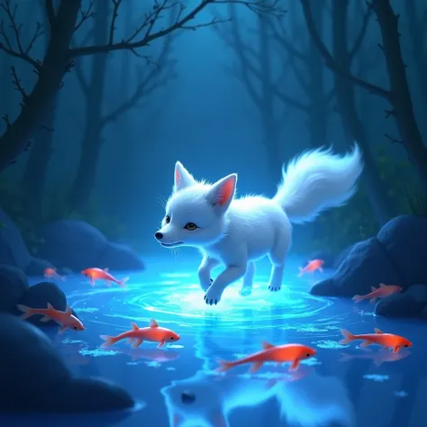  A white male fox runs through a stream .  The water illuminates bluish with every step .  Very important to mention is ,  that this white fox is a pure-hearted , Good soul is ,  which is why the white fox is surrounded by a blue ,  magical light is .  In ...