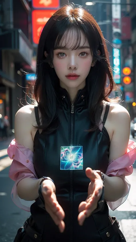 (masterpiece, highest quality, highest quality, Official Art, beautifully, aesthetic:1.2), Staring at the viewer, Portrait Photography, (Cyberpunk beautiful girl 1 person), Big iridescent eyes, Beautiful skin, (Pink and blue long hair with bangs), Very det...