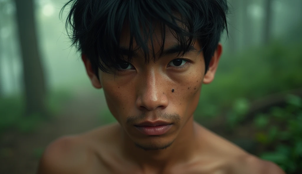 An ultra-realistic close-up portrait of Dika, featuring tousled black hair and a neutral but intense gaze. Visible texture of his skin, subtle freckles on his nose, and faint scars on his hands peeking into the frame. Background: tropical forest in early m...