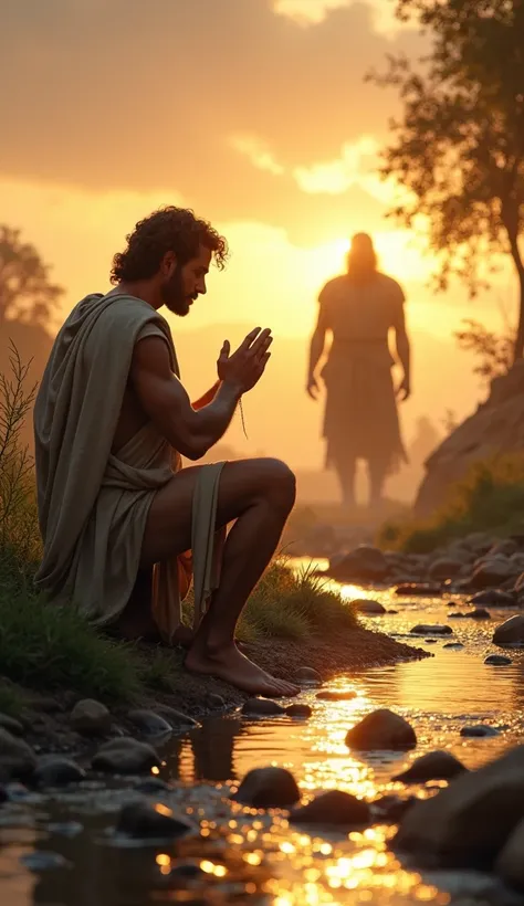 David kneeling in prayer beside a stream, his hand resting on the newly gathered stones. The sky glows with a golden light, symbolizing divine presence, while in the distance, Goliath appears as an intimidating figure. The scene emphasizes Davids spiritual...