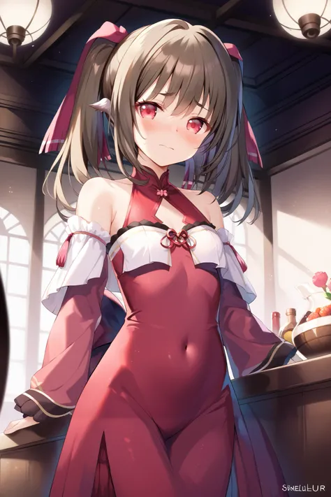 NSFW,masterpiece, best quality, high definition , Very detailed,Nekone(Utawarerumono),Brown Hair, twin tails, hair bow ,Red eyes,Embarrassed,blush, evening dress,Chest cut-in, tight dress ,Luxurious mansion, chandeliers ,bar