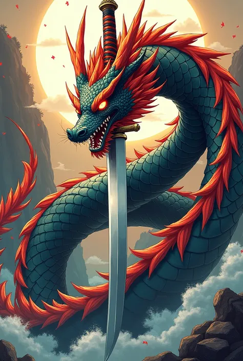 A dragon around a japanese cool katana with anime vibes