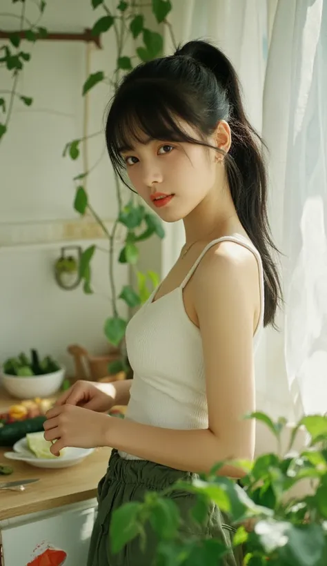 A high quality photographs from camera, look at camera, of a very realistically, young Japanese girl, adorable, white skin, body drenched, wears only loose green short pants, almost see breast, almost see butt, standing, do cutting the cucumber outdoor kit...