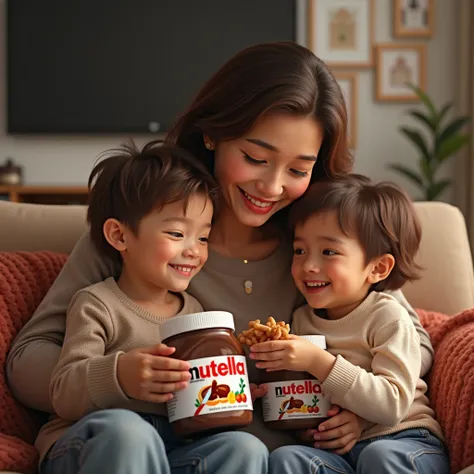  A mom, a boy and a girl spend time with their family, watch a movie together with Nutella snacks