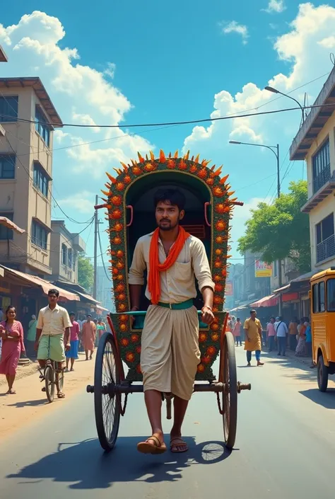 Create an image of a Bangladeshi rickshaw puller in motion, pulling a vibrantly decorated rickshaw along a bustling road. The puller, dressed in a simple lungi and shirt with a gamcha (traditional cloth) around his neck, appears focused under the midday su...