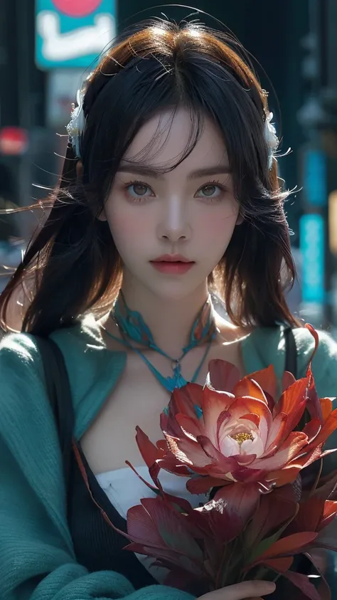 (masterpiece, highest quality, highest quality, Official Art, beautifully, aesthetic:1.2), Staring at the viewer, Portrait Photography, (Cyberpunk beautiful girl 1 person), Big iridescent eyes, Beautiful skin, (Pink and blue long hair with bangs), Very det...