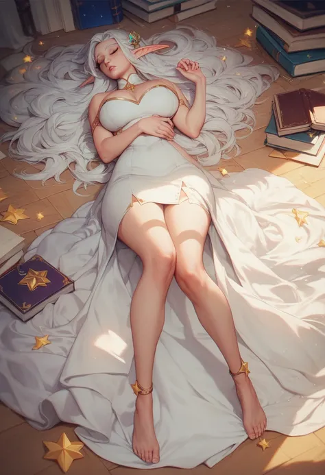 16k, massive Details, (())), High elf , white long hair,  sleeping between stacks of books on the floor ,  white dress , Healing potions , 5 fingers per hand ,  star carpet under her