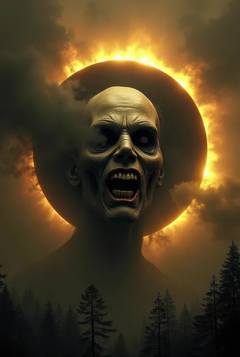 Eclipse with creepy face with light brown, black and yellow colors