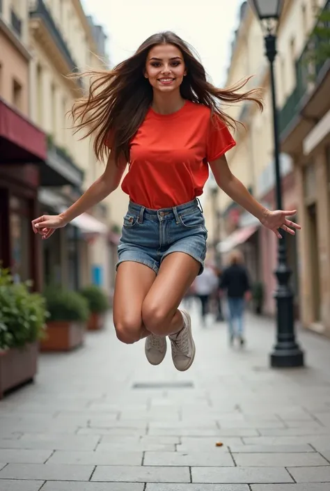 Beautiful girl,  Walking on the sidewalk in Paris ,  France,   dressed in denim shorts and red t-shirt, high jump. realistic photo,   full body ,  Landing for camera. 