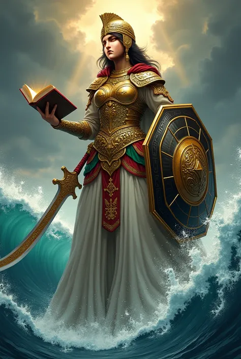 "A majestic illustration of a powerful female figure rising from the middle of a dramatic tsunami sea. She stands tall and confident, embodying both strength and wisdom. Her attire is regal, featuring a golden Arabian-style helmet inspired by the Salahuddi...