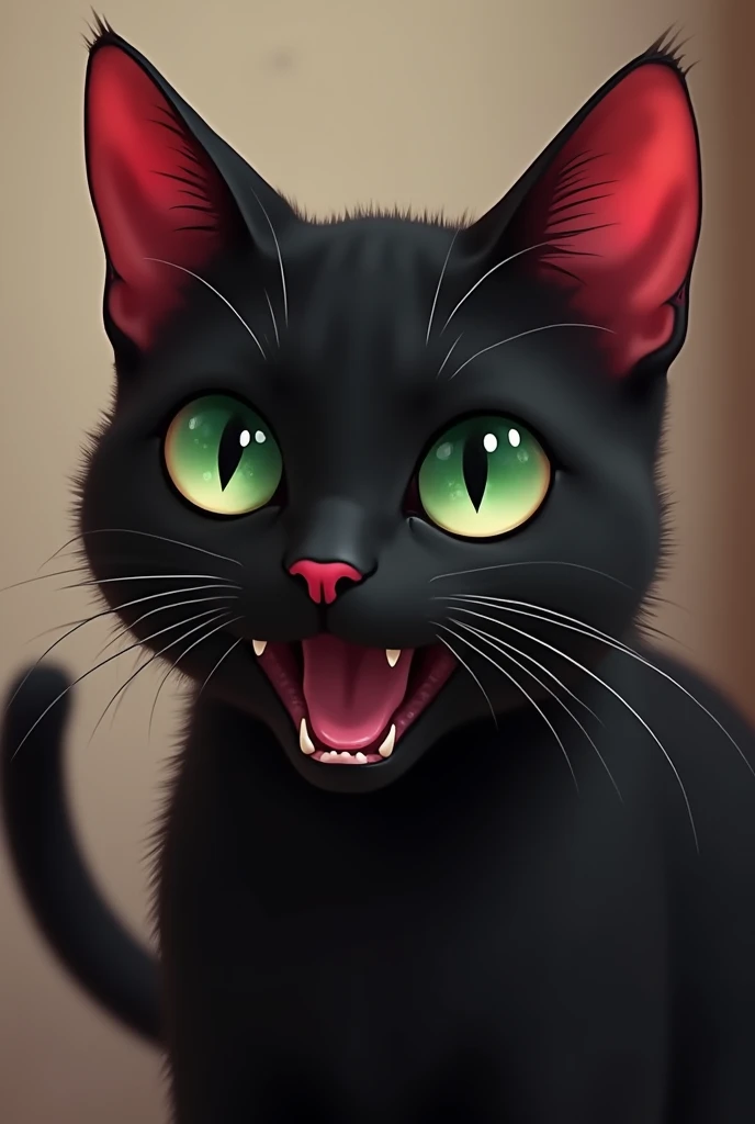 (( Top Quality)), ((masterpiece)), (full),  2 cats , R-18, Ears  "end" with round pupils drawn on the black cats mouth A black cat ,  A half-eyed cat with red ears and tail, black body, emerald-colored eyes, and pointed pupils,  The  of a half-eyed cat ,  ...