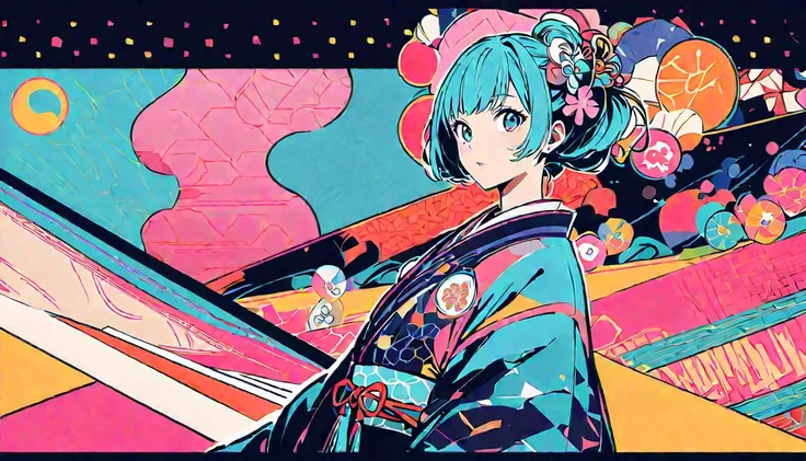 Detailed textures, high quality, high resolution, high accuracy, realism, color correction, correct lighting settings, harmonious composition. Japanese kimono print vector design of an anime girl with teal hair, mountains and moon in the background, colorf...