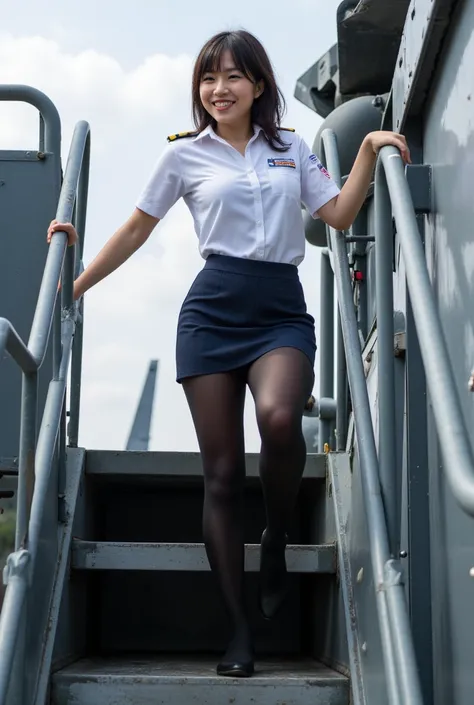 She is a fighter pilot. A 30-year-old Japanese woman in a US Navy miniskirt uniform, standing at the top of the fighters boarding ladder, one foot on the step. Smiling. Underwear visible under the skirt.hot day. Sweating. Digital photo.black pantyhose. Upw...