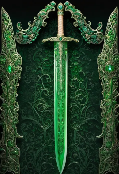 ((hyperdetailed intricately designed and decorated sword)), ((the blade itself has a light green glass like hue being double bladed sword)), ((the blade features an intricately designed and decorated green leaf shape on the guard of the blade)), (the pomme...