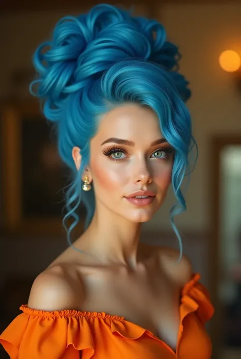 a beautiful realistic detailed portrait of a woman with blue hair styled like Marge Simpson,extremely detailed face and eyes,beautiful detailed skin,detailed clothing of a orange dress,realistic lighting and shadows,photorealistic,cinematic composition,war...