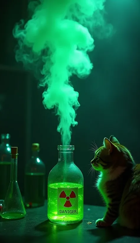 In a dark, dimly lit laboratory, a glass vial containing bright green radioactive liquid spews dense, billowing vapors that mix with the heavy air. The container is marked with a dangerous radiation symbol, and next to it, a curious-looking cat watches int...