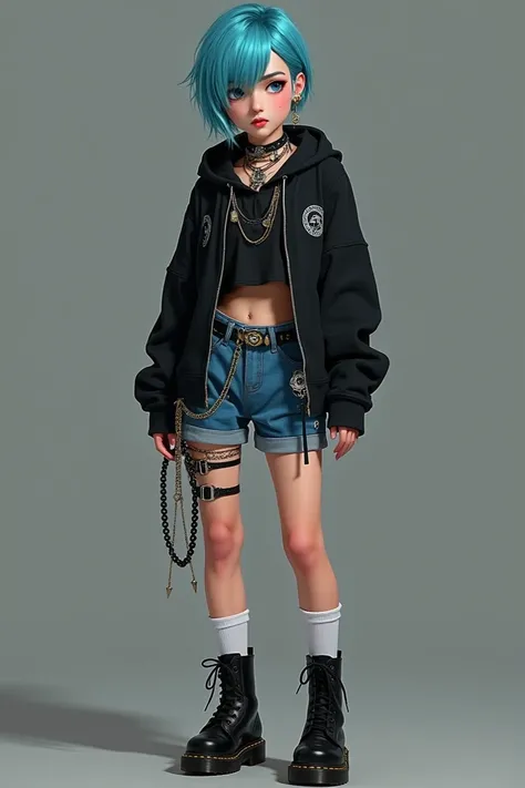 Fille lebienne masculine au cheuveux tres court bleu , avec un long short bleu , A black hoodie  , by the black Doc Martens , des chaussette haute blanche et beaucoup de bijoux et de piercing 