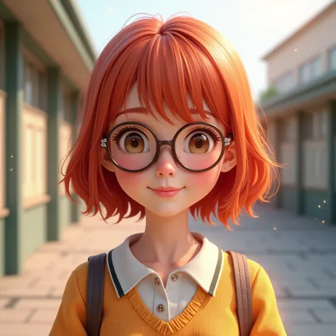 1girl, Solo,Red hair , Blush, smile, eyes with glasses ,parted bangs, Simple school background, Jewelry, Sparkle, 3D Rendering, Masterpiece,  Dutch Angle