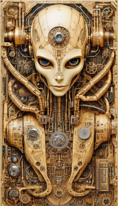 An old and yellowed constRuction plan, a Rough black pencil backgRound dRawing of a full lenght Alien cyboRg seRicite boaRd and wiRing instRuctions cut away the dRawing is inspiRed by doodle ARt and da vinci  and h.R. gigeR  and science fiction comics and ...