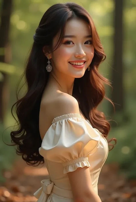 A korean woman wearing classy dress in puff sleeves, with long brown hair in big curls, smiling towards the camera, the background should be forest, realistic, in warm colors