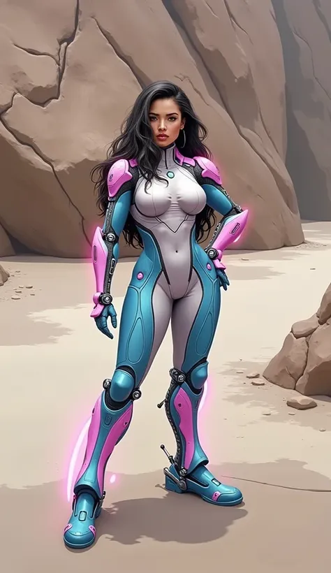  curvy woman, cyber suit, mechanical boots and gloves ,  colors in shades of blue and pink,.  super realistic full body character .