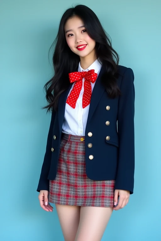 full body, 1 korean girl, black hair, crimson lip, Her long, dark hair cascades in lush, glossy waves, (white shirt), (navy short blazer with silver button : 1.1), (checkered red and grey skirt), pensil short skirt, tight mini skirt, thighs, beautiful legs...