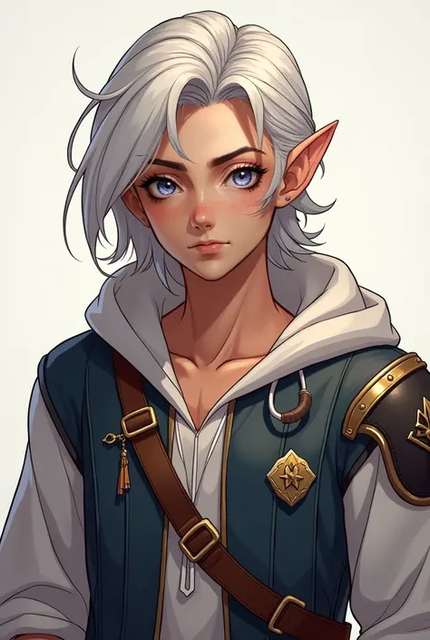 beautiful drawing, adventurers gear, androgynous half elf with rounded pointed ears, lavender eyes smart, light hair below the shoulders combed back, fighter aesthetic, dark red hair, anime style, portrait, facing the camera, freckles, fluffy hair, handsom...