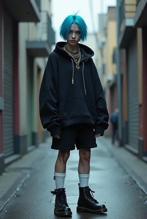 Un monstre lebienne masculine avec une coupe garconne bleu , With a baggy , un pull noir , by the black Doc Martens , des chaussette haute blanche et beaucoup de bijoux et de piercing 