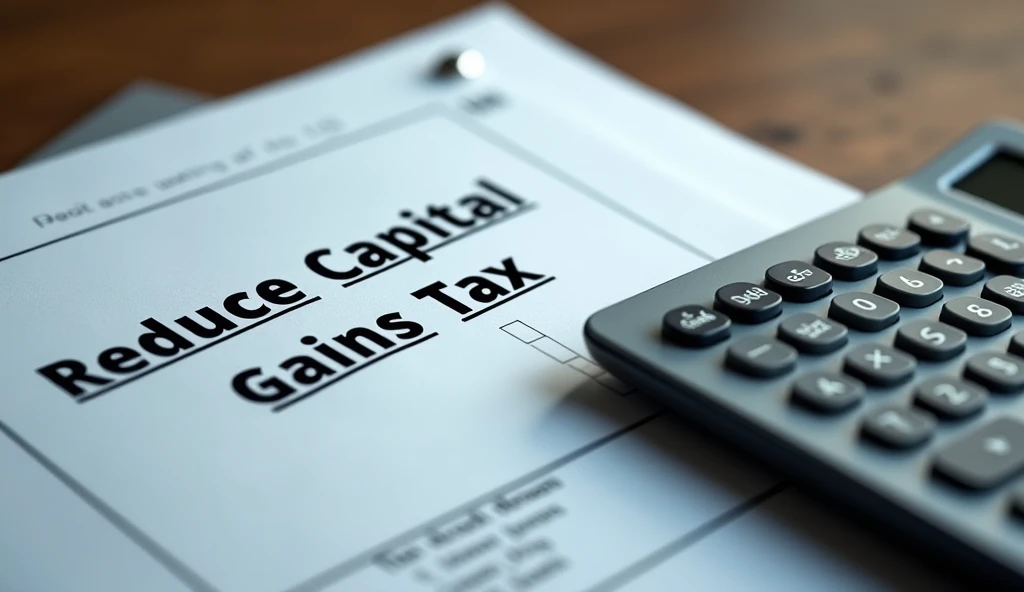 [Image of TAXT FORM and calculator with “Reduce Capital Gains Tax” caption,  Realistic, Unique, Catching,"