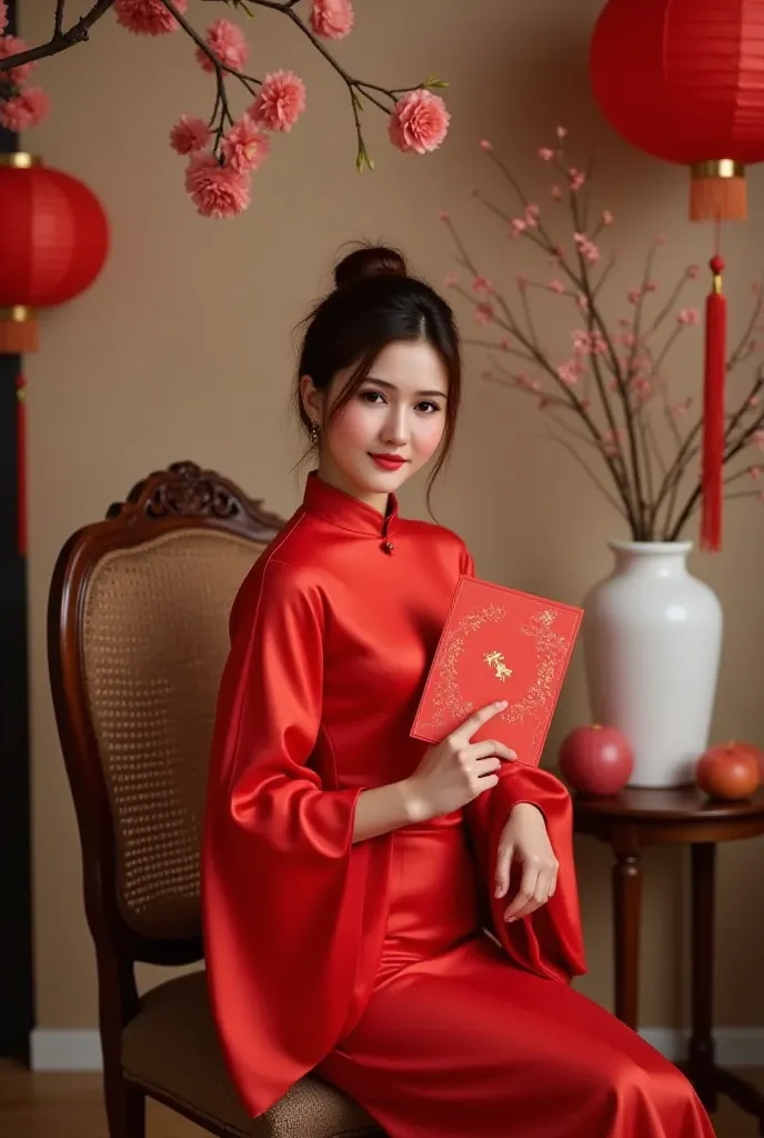 lisamy, a high-fashion editorial shot of a lisamy dressed in a vibrant red silk ao dai with exaggerated, stylized sleeves and a ...