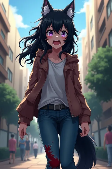  my hero Academia ,  Image of an anime girl ,  wavy black hair with white locks,  purple eyes,  ears and wolf tail , Jeans and shirt ,  messy clothes ,  with a jacket covering her ,  blood between her legs , city, afternoon, crying out loud , crying out lo...