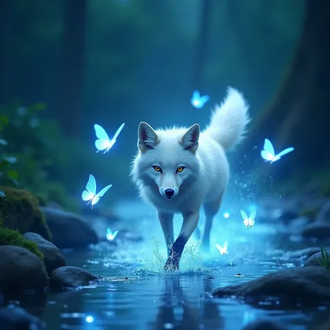  A white male fox runs through a stream .  The water illuminates bluish with every step .  Very important to mention is ,  that this white fox is a pure-hearted , Good soul is ,  which is why the white fox is surrounded by a blue ,  magical light is . 7 gl...