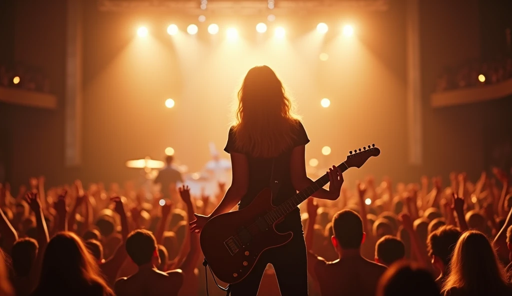 High quality photo of a female rock singer on stage in a large concert hall with a guitar and a microphone, singing in front of happy, enthusiastic spectators who are in love with her. In the background there is a bright light of sunny spotlights and music...