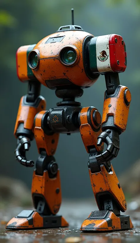 Robot de guerre avec deux bras et deux jambes. Il est tout en métal. Ses couleurs sont représentatives des couleurs du Méxique. On doit voir le drapeau méxicain  sur l’un de ses bras. Le style est semi-animé 3D. Le fond est flou et foncé. 