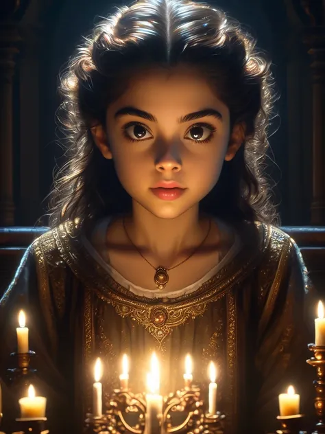 Top quality, super detailed, 1 girl staring at candlelight in a dark room, medium hair, soft T-shirt, texture, (pointier technique, baroque dramatic, with strong light like spotlight), oil painting, masterpiece