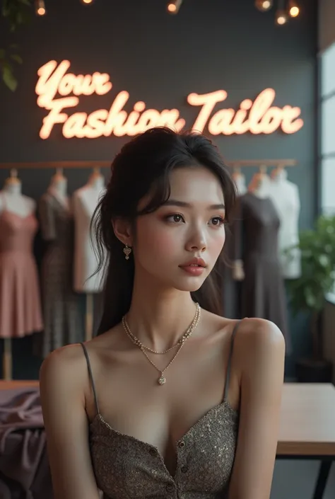 Beautiful girl the background is "your fashion tailor" named with a modern font and with glowing effect 