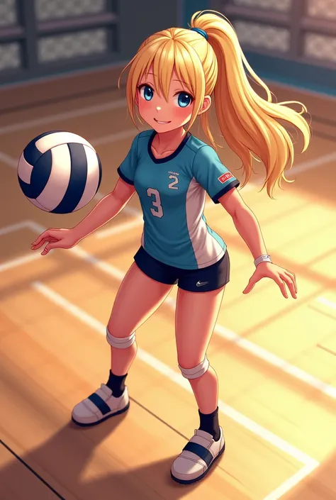   she is a girl with blond hair,  blue eyes, She plays volleyball and is  