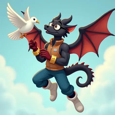 Black muscular winged dragon furry jock in gold bracelets, In white boots, wearing blue pants , in a brown sleeveless zippered sweater , wearing red gloves , with glasses in front of his eyes, flying in the sky, looks at a white dove holding it in his hand...