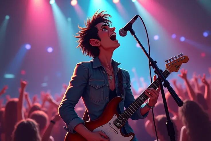 A rock singer holding a guitar in his hands and facing a mic near his mouth singing a song with extreme emotions in a music show with colouring lights and lots of people dancing . Animation 2D style.Photo depicting the singer 