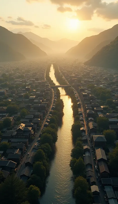 A bird’s eye view of Hiroshima city in the early morning of August 6, 1945, before the atomic bomb detonation. The cityscape is calm and peaceful, with rows of traditional Japanese wooden houses, narrow streets, and industrial buildings lining the riverban...