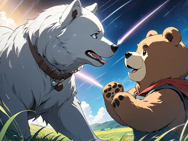 Ghibli style,(masterpiece, Best Quality:1.2), Illustration, anime, Shooting Star Galaxy 、 A silver dog and a bear fight、