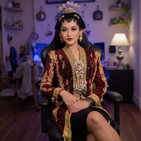 Korean girl Asian traditional dress javanes long sleeves color hiitam. black long skirt. ((Big boobs 2 .3)). sitting on a gaming chair. white shoes.  cross legs .  Room background full of LED lights .  Detailed finger fingers .  Highly detailed hands .  Ro...