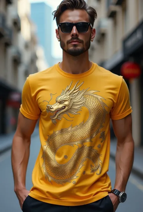 Create a not so gold t-shirts clothes that has a design of golden dragon on it