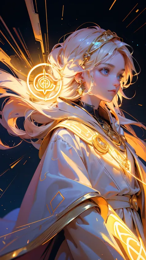 An enchanting and futuristic scene set in a magical, technologically advanced environment. The central character is a small, wise, and mystical figure with large, expressive eyes and an intricate hairstyle, dressed in a glowing, golden robe adorned with sy...